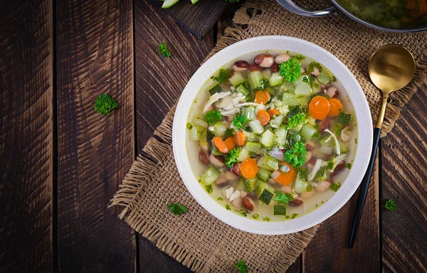 Soupe Légumes Filet Poulet Dans Bol Sur Une Table Rustique — Photo