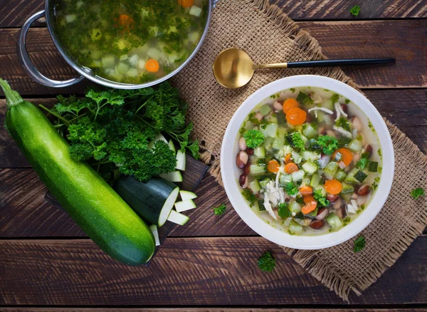 Soupe Légumes Filet Poulet Dans Bol Sur Une Table Rustique — Photo