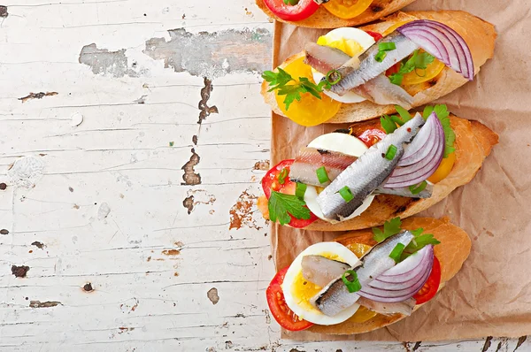 Crostini with anchovies, tomatoes and egg — Stock Photo, Image