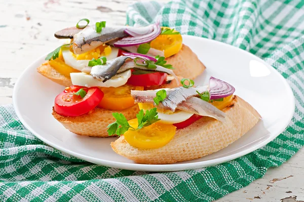 Crostini met ansjovis, tomaten en ei — Stockfoto