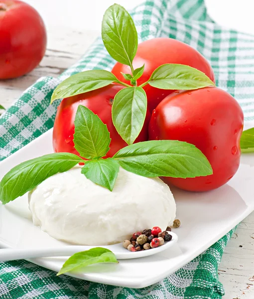 Mozzarella, tomates y hojas de albahaca fresca —  Fotos de Stock