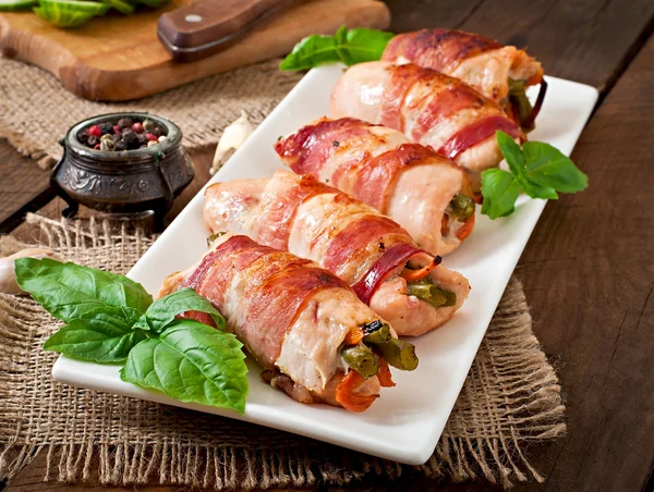 Delicious chicken rolls stuffed with green beans - Stock Image - Everypixel