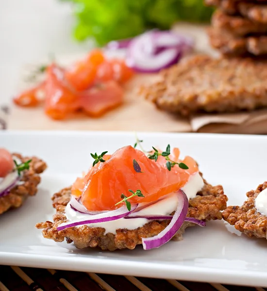 Buckwheat pancakes with salted salmon — Stock Image Buckwheat pancakes with salted salmon Stock Picture