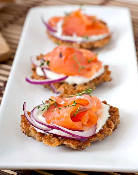 Buckwheat pancakes with salted salmon — Stock Image Buckwheat pancakes with salted salmon Stock Image