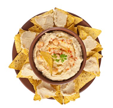 Humus zeytinyağı ve pide cips ile