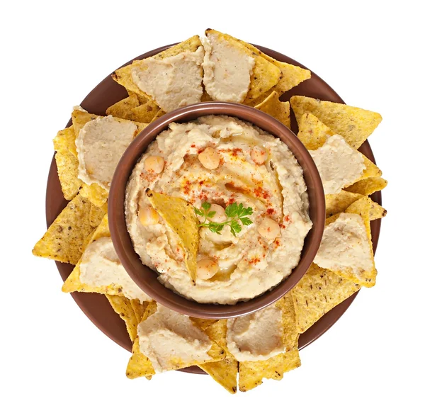 Hummus with olive oil and pita chips — Stock Photo, Image