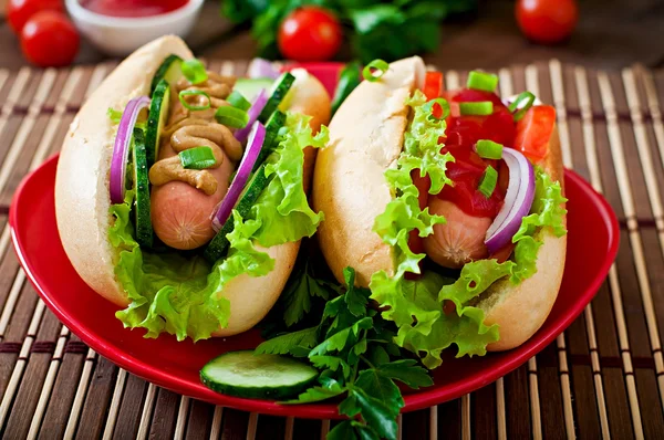 Hotdog con ketchup, senape, lattuga e verdure — Foto Stock