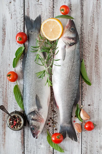 Two raw sea bass with spices — Stock Photo, Image