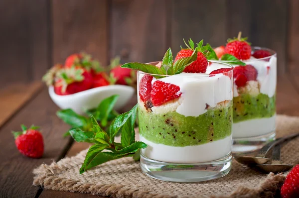 Creamy dessert with strawberries and kiwi