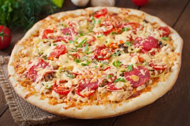 Pizza with tomatoes, salami ,cheese  and vegetables