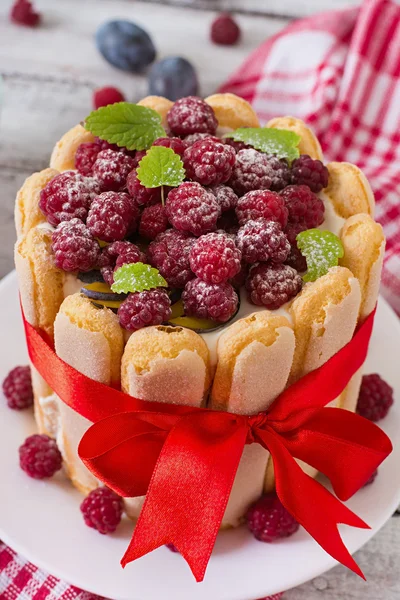 Cake "Charlotte " with raspberries and plums. — Stock Photo, Image