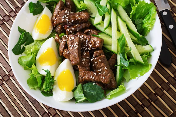 Salat mit würzigem Rindfleisch, Gurken und Eiern — Stockfoto