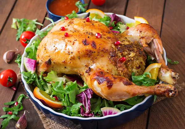 Baked chicken stuffed with rice for Christmas dinner — Stock Photo, Image