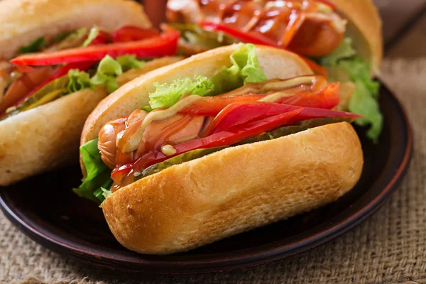 Hot dog - sandwich met pickles, paprika en sla op houten achtergrond — Stockfoto