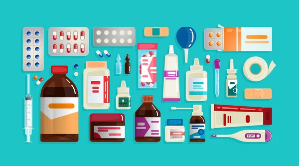 Artículos Farmacia Medicamentos Productos Médicos Ilustración Vectorial Estilo Plano Dibujos — Vector de stock