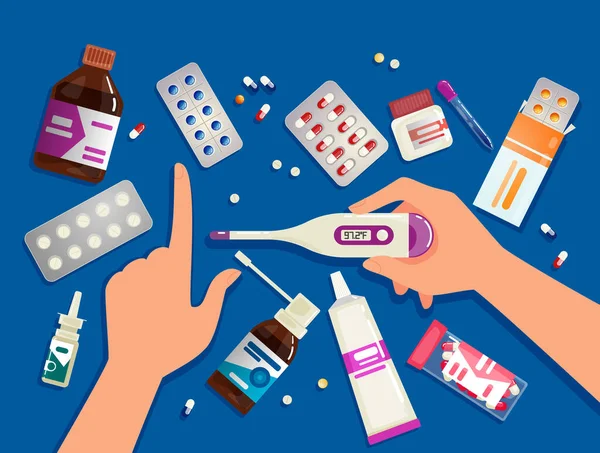 Аптечні Пункти Медикаменти Медичні Вироби Руки Тримають Термометр Векторні Ілюстрації Ліцензійні Стокові Ілюстрації