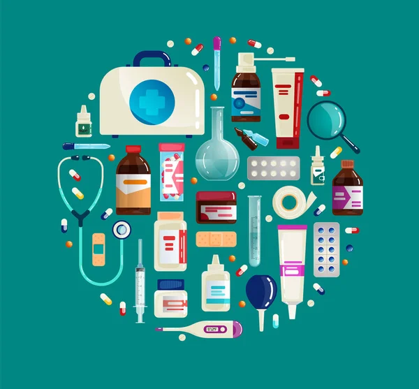 Gyógyszertári Tárgyak Gyógyszerek Gyógyszerek Vektor Illusztráció Lapos Rajzfilm Stílusban — Stock Vector