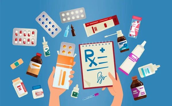 Artigos Farmácia Medicamentos Produtos Médicos Mãos Mantêm Uma Embalagem Pastilhas —  Vetores de Stock