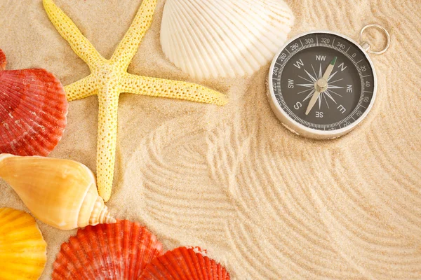 指南针、 海星和贝壳 — 图库照片