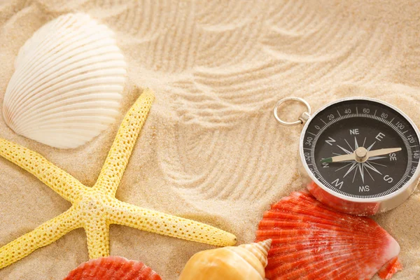 Kompass, seastar och snäckskal i sand — Stockfoto