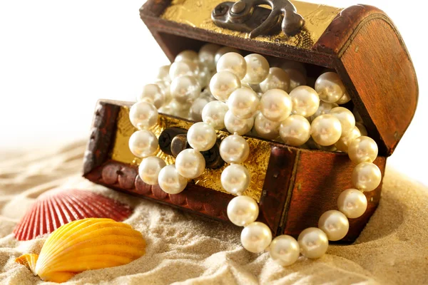 Treasure chest with seashells and pearl — Stock Photo, Image