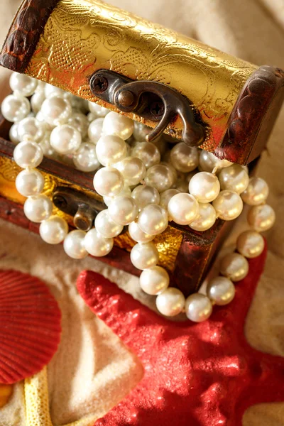 Caixa de tesouro com conchas e pérolas — Fotografia de Stock