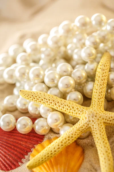 White pearl and seashells on sand — Stock Photo, Image