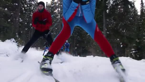 Groep jongeren skiën — Stockvideo