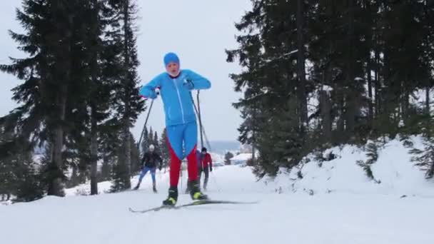 Ομάδα νέων κάνουν σκι. — Αρχείο Βίντεο