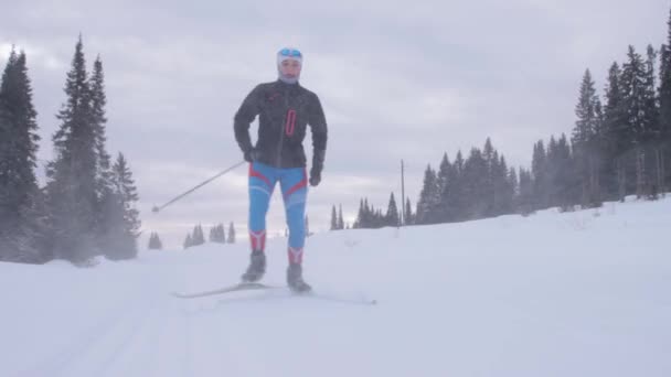 Junge Frau beim Skifahren auf Waldweg — Stockvideo