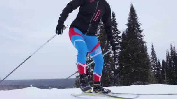 Ung kvinna skidåkning på en skogsstig — Stockvideo