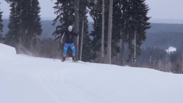 Młoda kobieta na nartach na leśnym szlaku — Wideo stockowe