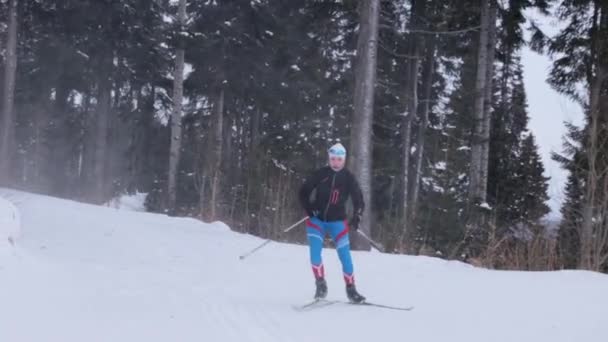 Junge Frau beim Skifahren auf Waldweg — Stockvideo