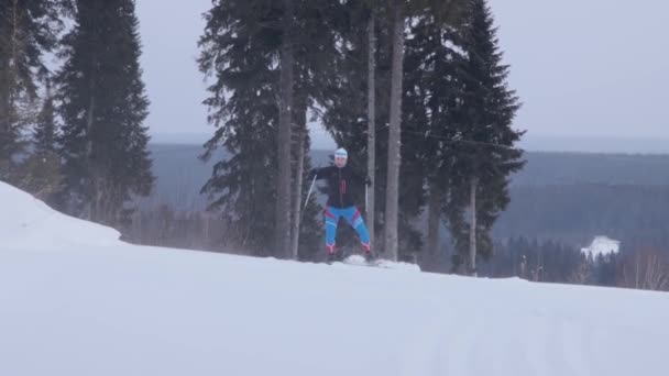 Jeune femme skiant sur un sentier forestier — Video