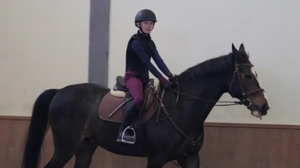 Menina montando seu cavalo no hipódromo — Vídeo de Stock