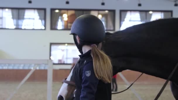 Девушка идет вместе со своей лошадью — стоковое видео