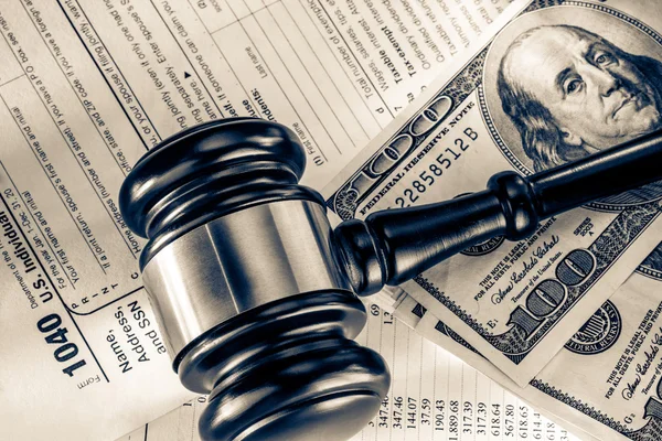 Budget, tax form, gavel and dollars — Stock Photo, Image