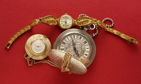 Two pocket watches and handwatch — Stock Photo, Image