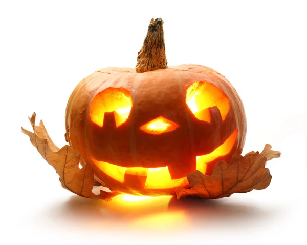 Halloween pumpkin with oak leaves — Stock Photo, Image