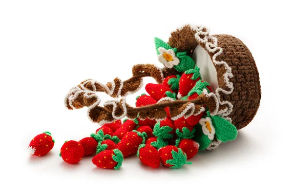 Knitted strawberry in basket — Stock Photo, Image