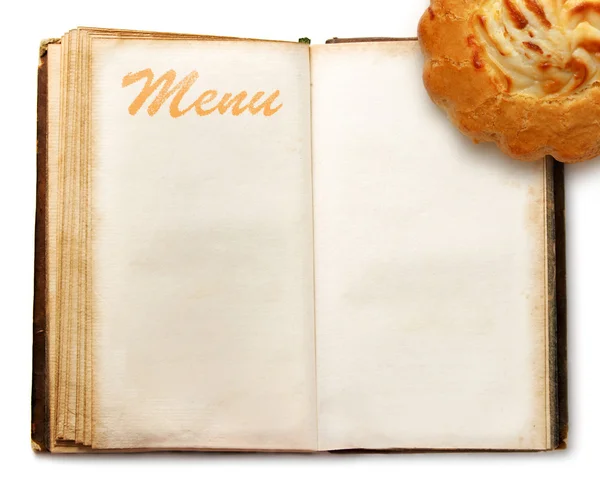 Menu book with cake — Stock Photo, Image
