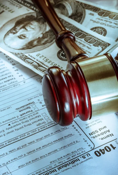 Budget, tax form, gavel and dollars — Stock Photo, Image