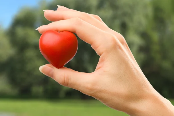 Mano femminile con cuore rosso — Foto Stock