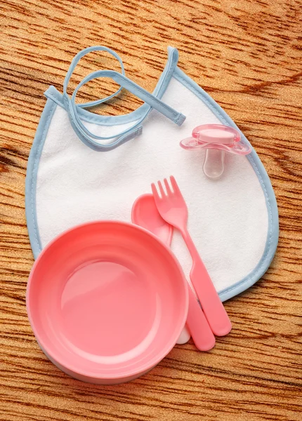 Bol bébé, cuillère et fourchette — Photo