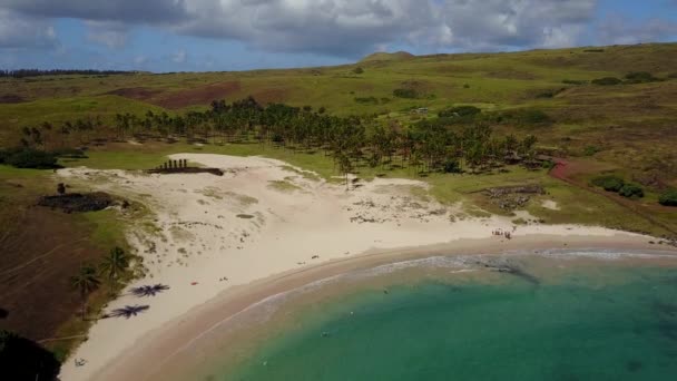 Luchtfoto Van Anakena Strand Het Paaseiland Chili — Stockvideo