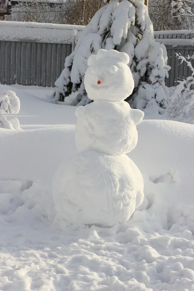 Grote sneeuwpop met de neus van een wortel uit. — Stockfoto