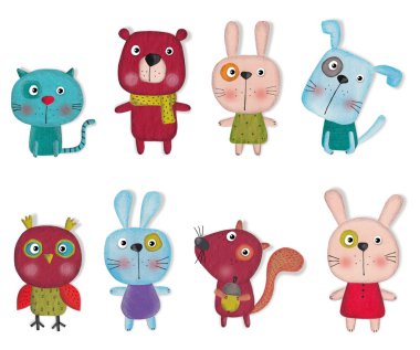 Beyaz üzerinde çizgi film karakter kümesi