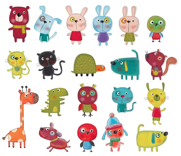 Beyaz üzerinde çizgi film karakter kümesi