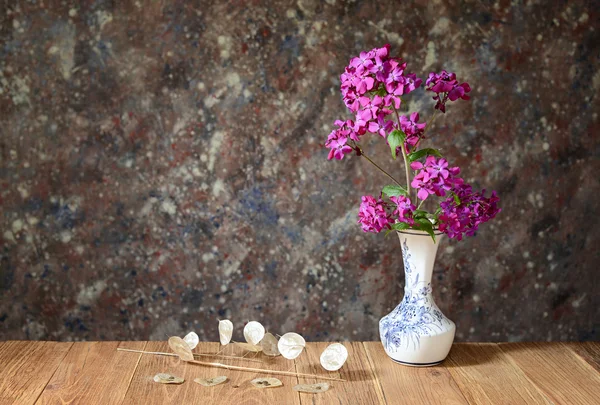 Lunaria biennis Eflatun bir Vazoda Çiçekler — Stok fotoğraf