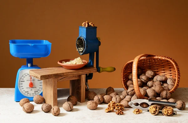 Grinded walnuts and household objects